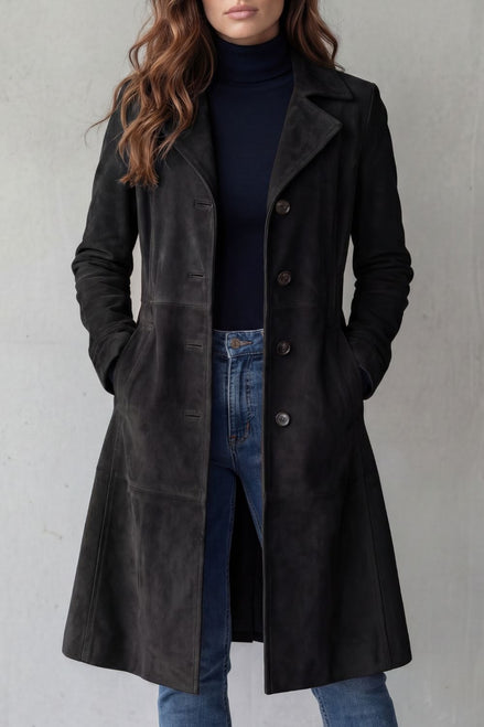 Suede-Effect Longline Coat with Tailored Waist for Women in Winter