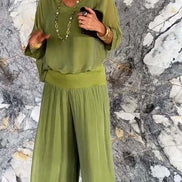 Adeline Draped Blouson Top and Wide-Leg Trouser Two Piece Set