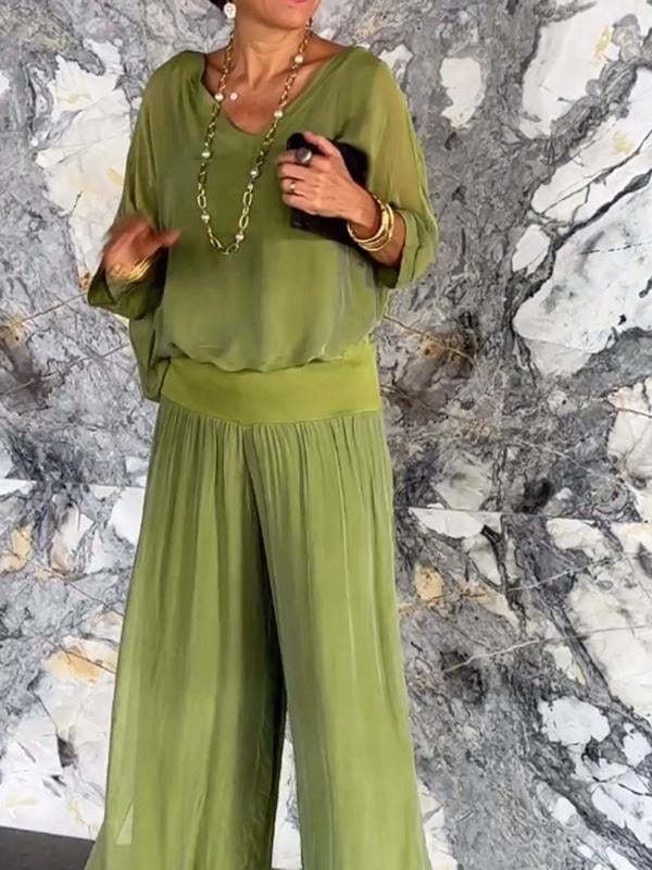 Adeline Draped Blouson Top and Wide-Leg Trouser Two Piece Set
