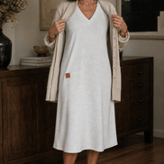 Women's A-Line V-Neck Midi Dress with Long Sleeves