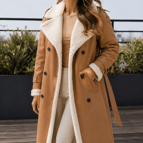 Soledad-Louise Women's Longline Double-Breasted Winter Coat with Faux Shearling Trim
