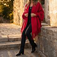 Fringe-Trim Draped Shawl Collar Open-Front Wool Winter Coat for Women