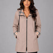 Women's Hooded Longline Zip-Up Rain Jacket with Check Trim