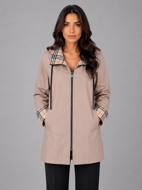 Women's Hooded Longline Zip-Up Rain Jacket with Check Trim