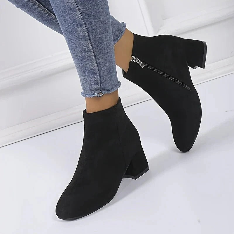 Women's Suede Block Heel Ankle Boots with Side Zip