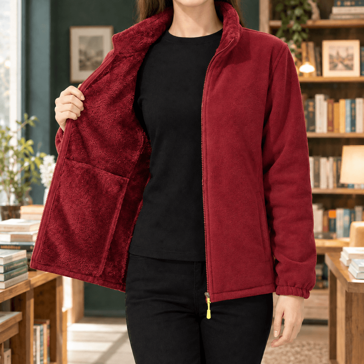 Meredith-Hope Zip-Up Fleece Jacket with Stand Collar