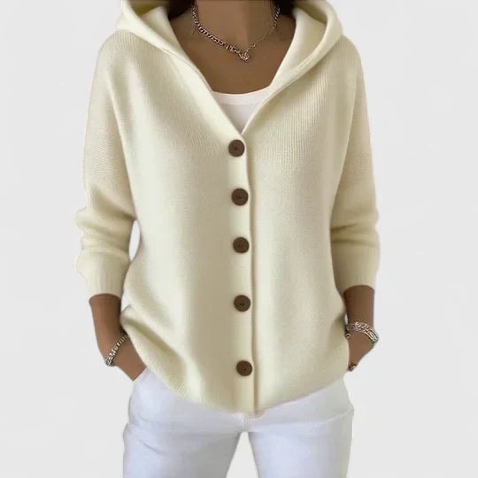 Rhezalynn Hooded Button-Front Women's Knitted Cardigan with Long Sleeves