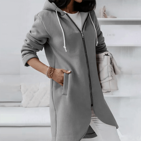 Women's Hooded Longline Zip-Up Fleece Cardigan Coat