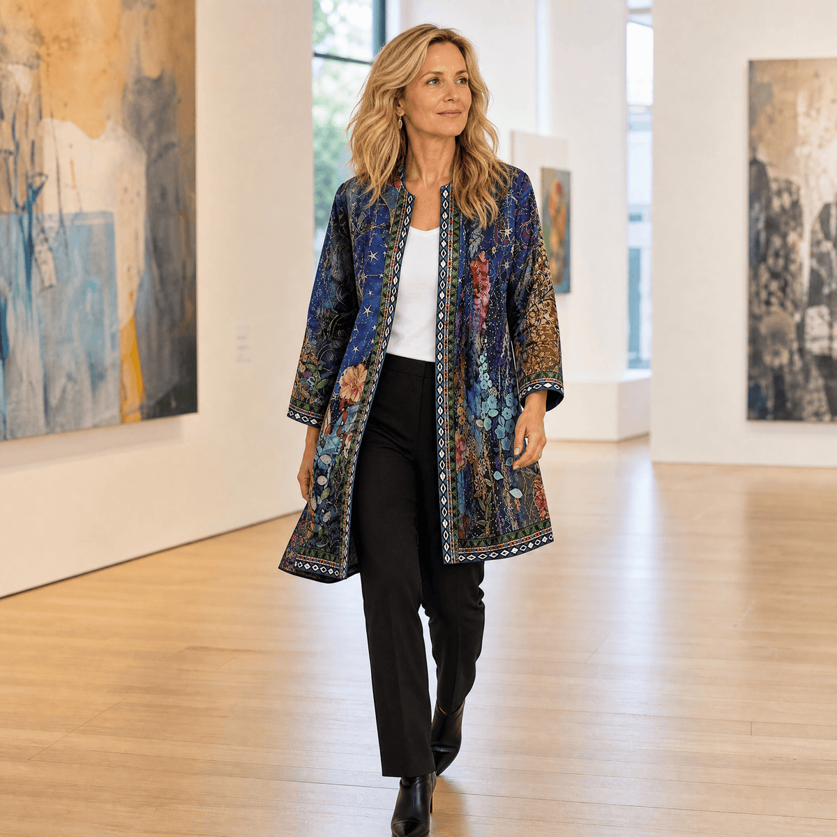 Patrice Art-Print Open-Front Jacket with Embellished Trim