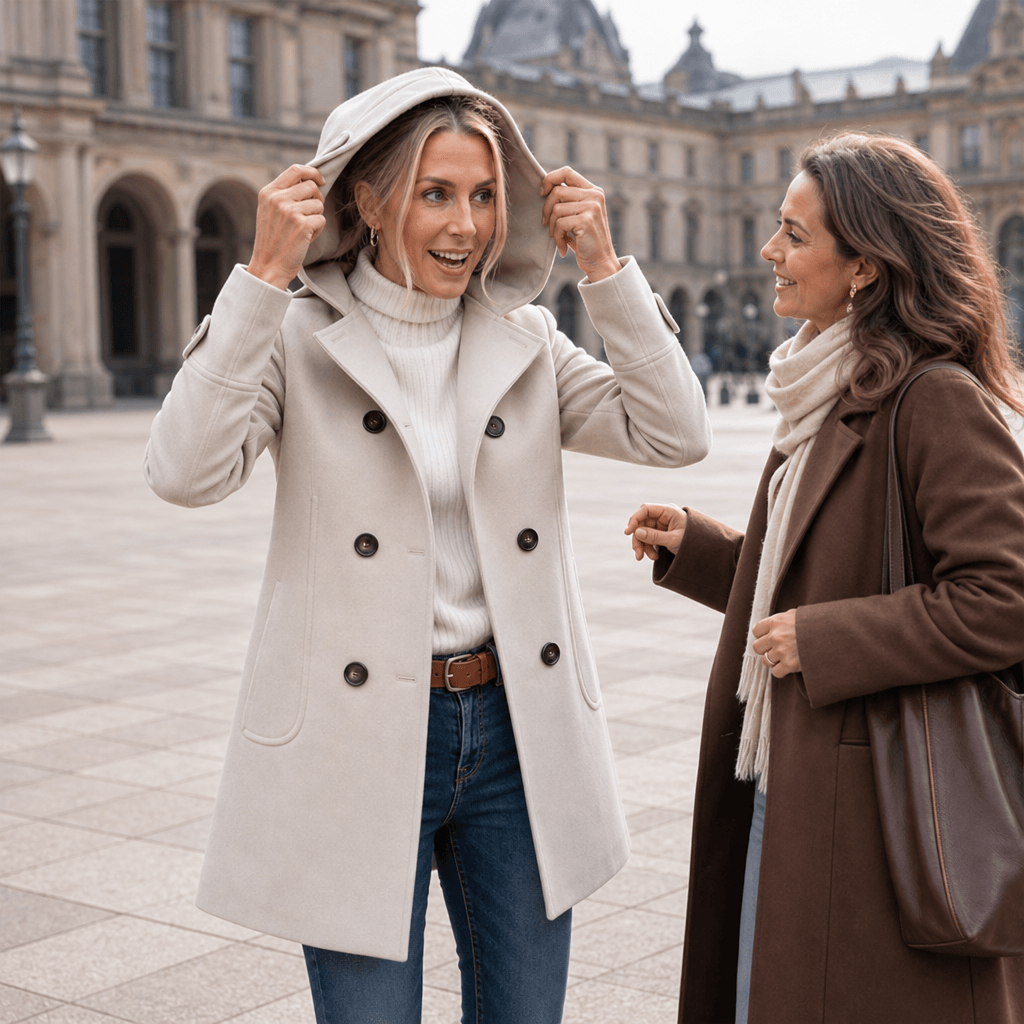 Edwina Women's Double-Breasted Hooded Winter Coat with Wide Collar