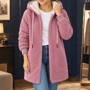Women's Hooded Sherpa Fleece Longline Coat with Ribbed Cuffs