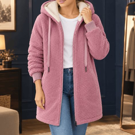 Women's Hooded Sherpa Fleece Longline Coat with Ribbed Cuffs