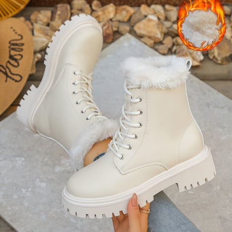 Women's Faux Leather Winter Boots with Faux Fur Trim and Chunky Platform Sole