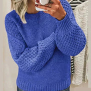 Hazel Textured Crew Neck Women's Knitted Jumper with Balloon Sleeves