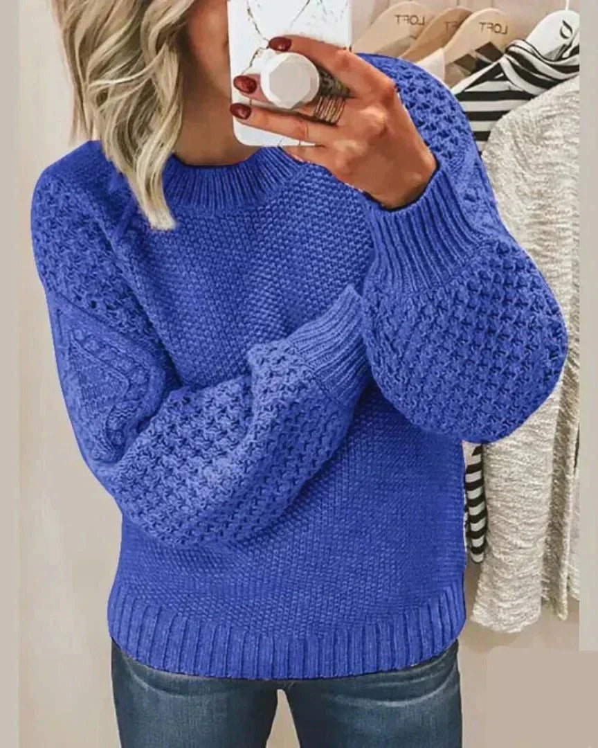 Hazel Textured Crew Neck Women's Knitted Jumper with Balloon Sleeves