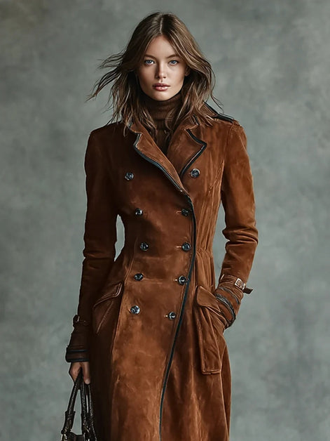 Uilkje Double-Breasted Suede Longline Winter Coat for Women