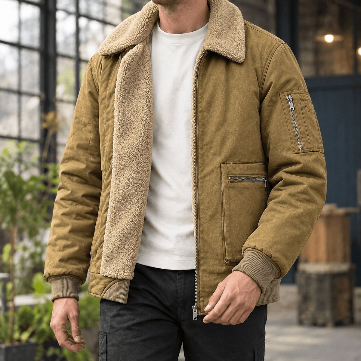 Men's Sherpa-Lined Cotton Jacket with Full Zip Closure