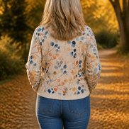 Botanical Print Zip-Up Knit Cardigan with Ribbed Trim