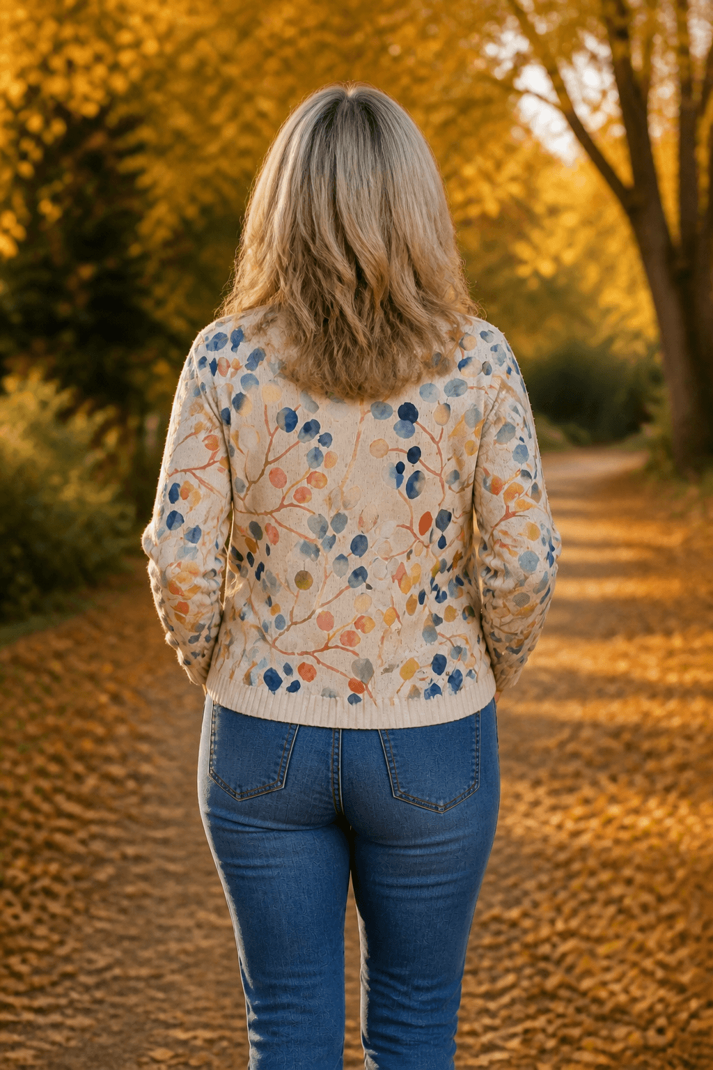 Botanical Print Zip-Up Knit Cardigan with Ribbed Trim