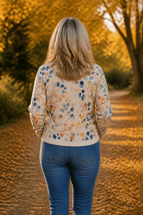 Botanical Print Zip-Up Knit Cardigan with Ribbed Trim