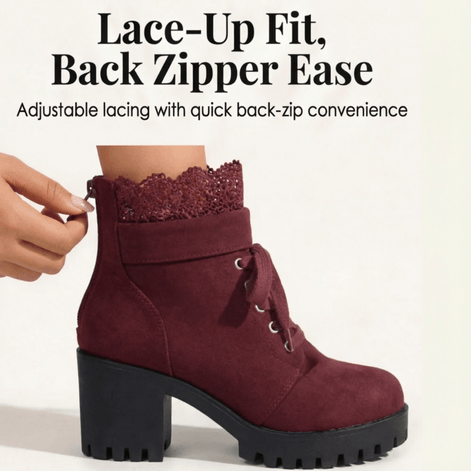 Lacelle Suede Women's Ankle Boots with Lace Trim and Chunky Block Heel