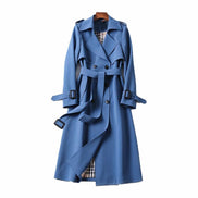 Women's Double-Breasted Belted Longline Polyester Trench Coat with Plaid Lining