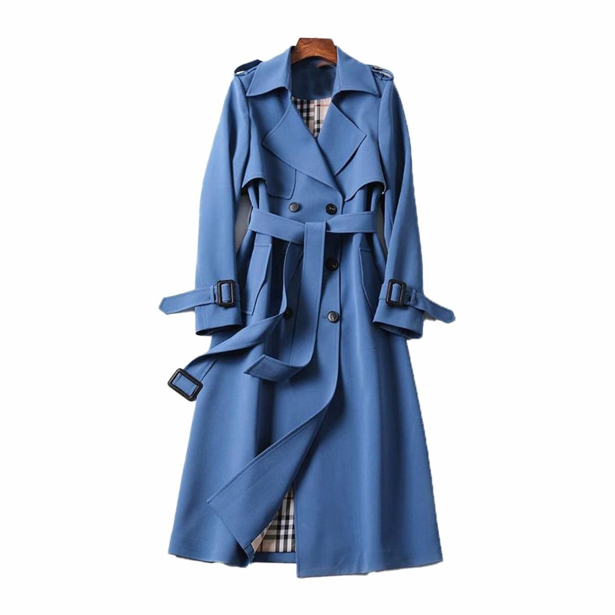 Women's Double-Breasted Belted Longline Polyester Trench Coat with Plaid Lining