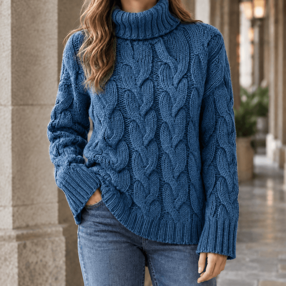 Women's Cable Knitted Turtleneck Jumper with Ribbed Cuffs