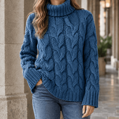 Women's Cable Knitted Turtleneck Jumper with Ribbed Cuffs