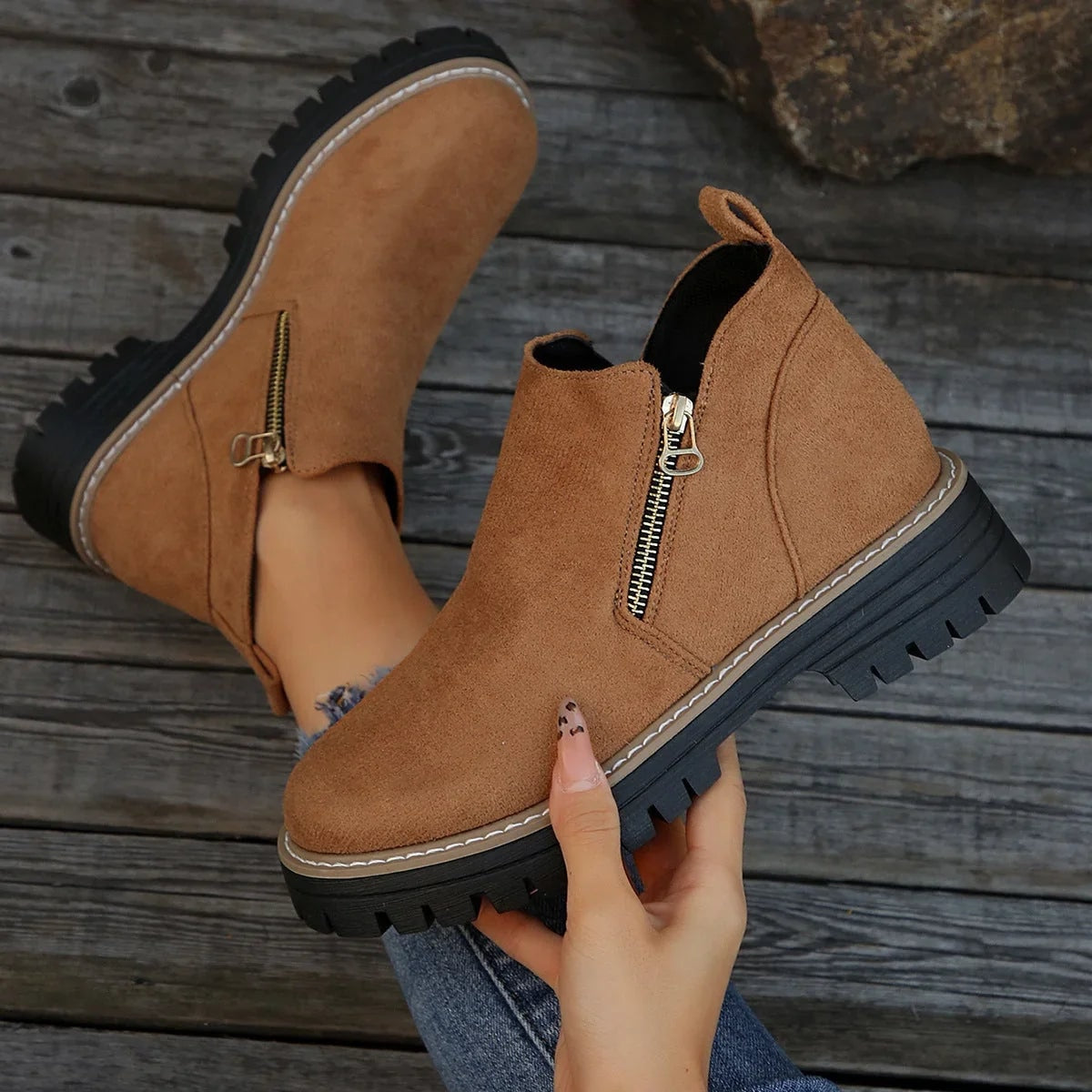 Ivette Faux Suede Lug-Sole Women's Ankle Boots with Side Zip