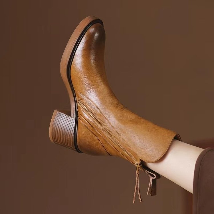 Bellora Leather Ankle Boots with Side Zipper and Stacked Block Heel