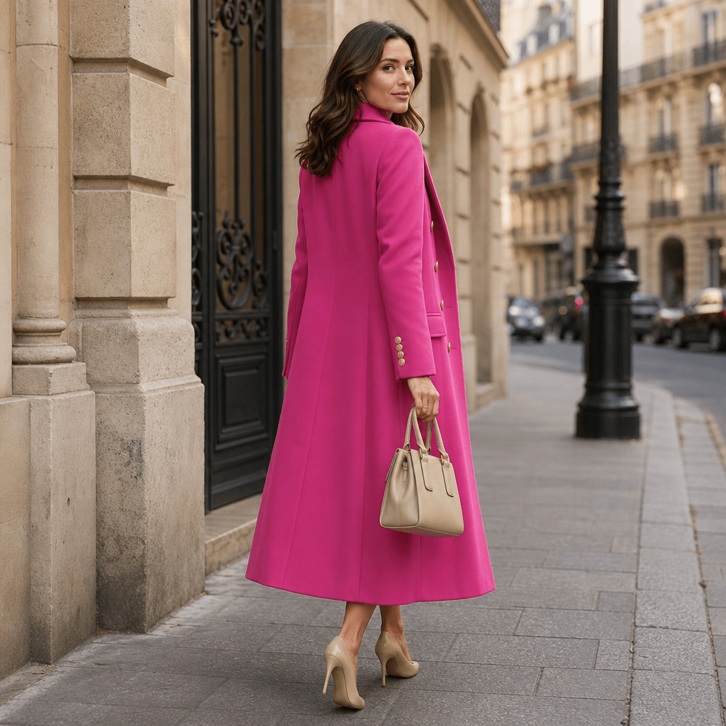 Women's Double-Breasted Structured Longline Wool-Look Coat with Gold Buttons