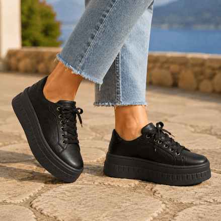 Women's Cushioned Faux Leather Sneakers with Platform Sole and Lace-Up Closure