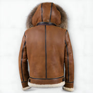 Shearling-Lined Aviator Bomber Jacket with Fur Hood for Men