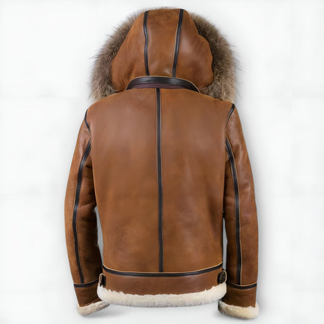 Shearling-Lined Aviator Bomber Jacket with Fur Hood for Men