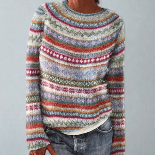 Fair Isle Pattern Knitted Jumper for Women with Round Neck