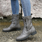 Hazel Lace-Up Combat Boots with Side Zip and Buckle Detail in Faux Leather