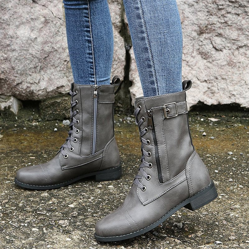 Hazel Lace-Up Combat Boots with Side Zip and Buckle Detail in Faux Leather