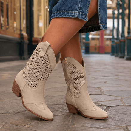 Soriano Perforated Western Leather Boots with Block Heel and Side Zip