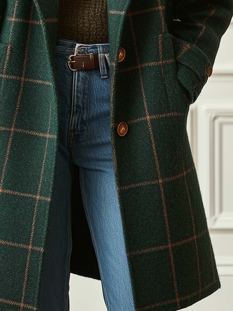 Women's Plaid Double-Breasted Mid-Length Winter Coat in Wool Blend