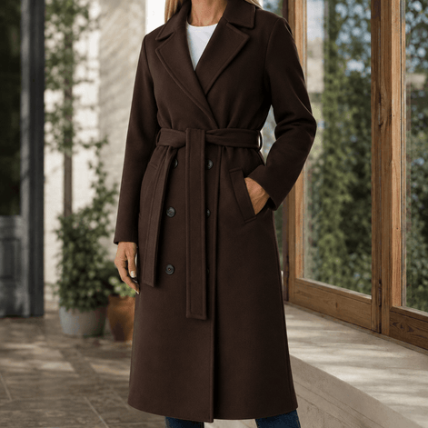 Adele-Grace Women's Belted Double-Breasted Winter Coat with Notched Lapels