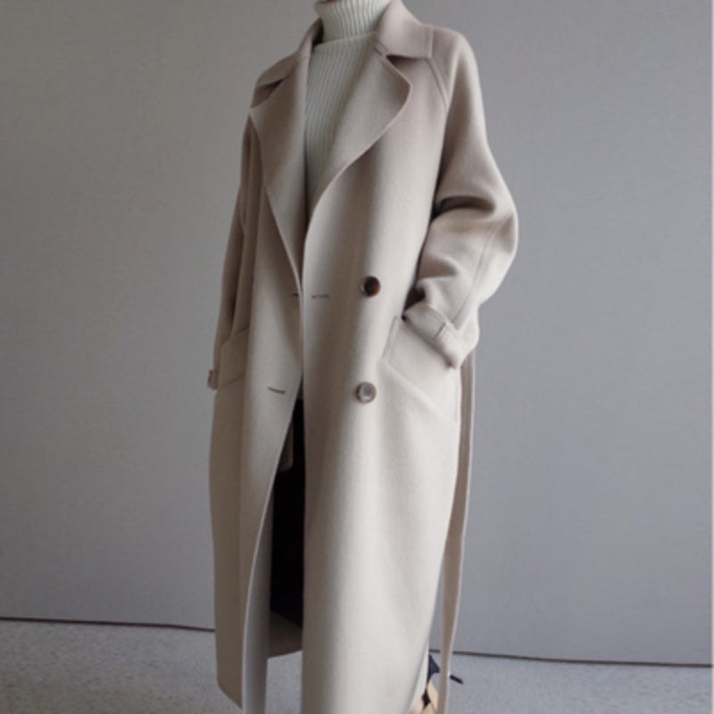 Longline Double-Breasted Women's Wool Blend Coat for Winter