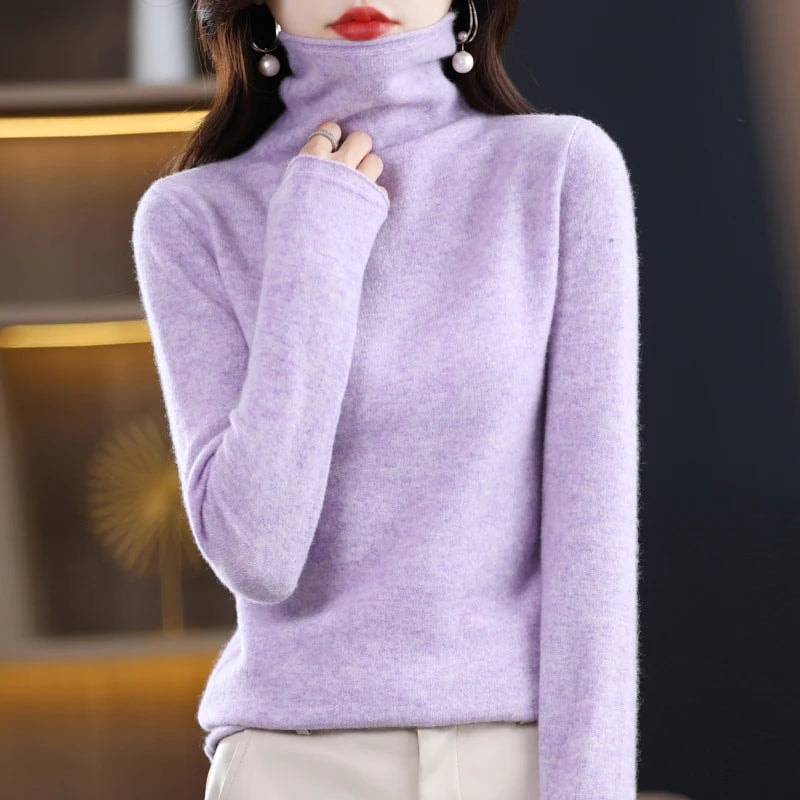 Women's Wool Turtleneck Knitted Jumper with Ribbed Cuffs