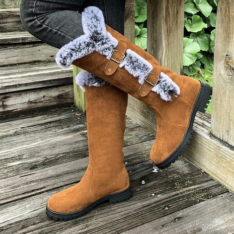Women's Faux Suede Mid-Calf Snow Boots with Faux Fur Trim and Buckle Detail