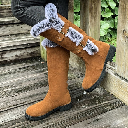 Women's Faux Suede Mid-Calf Snow Boots with Faux Fur Trim and Buckle Detail