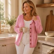 Ruffle Collar Women's Knitted Cardigan with Button Front in Acrylic Blend