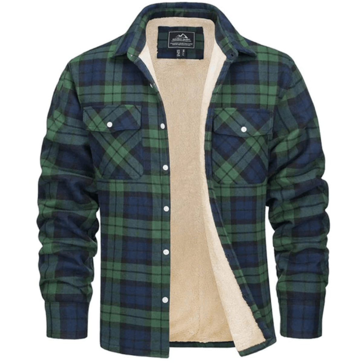 Men's Sherpa-Lined Plaid Flannel Shirt Jacket with Button Pockets