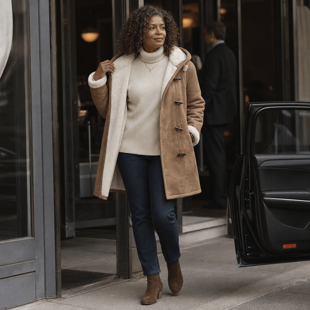 Women's Faux Shearling-Lined Hooded Duffle Coat with Hip-Length Fit