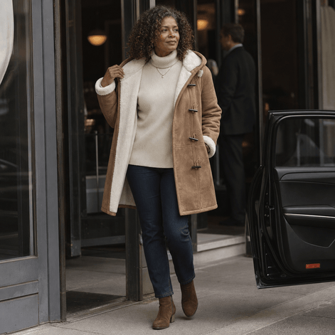 Women's Faux Shearling-Lined Hooded Duffle Coat with Hip-Length Fit