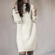 Women's Roll Neck Long Sleeve Knitted Jumper Dress with Ribbed Cuffs